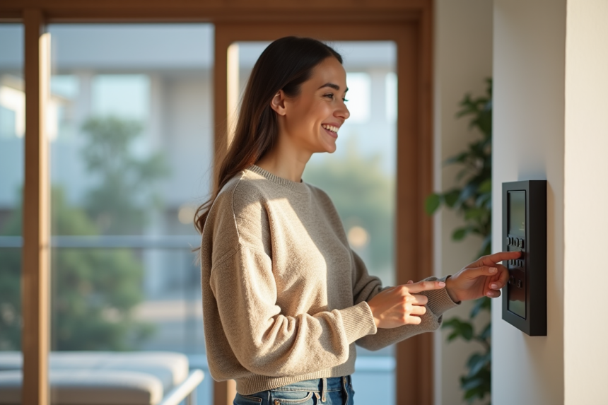 Femme souriante utilisant un panneau de contrôle domotique