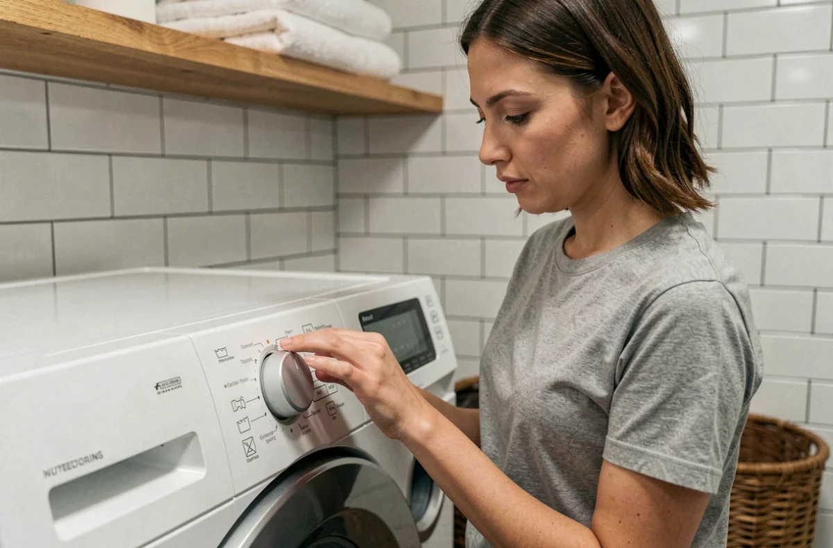 Femme déchiffrant les symboles du tableau de bord d'un lave-linge dans une buanderie moderne