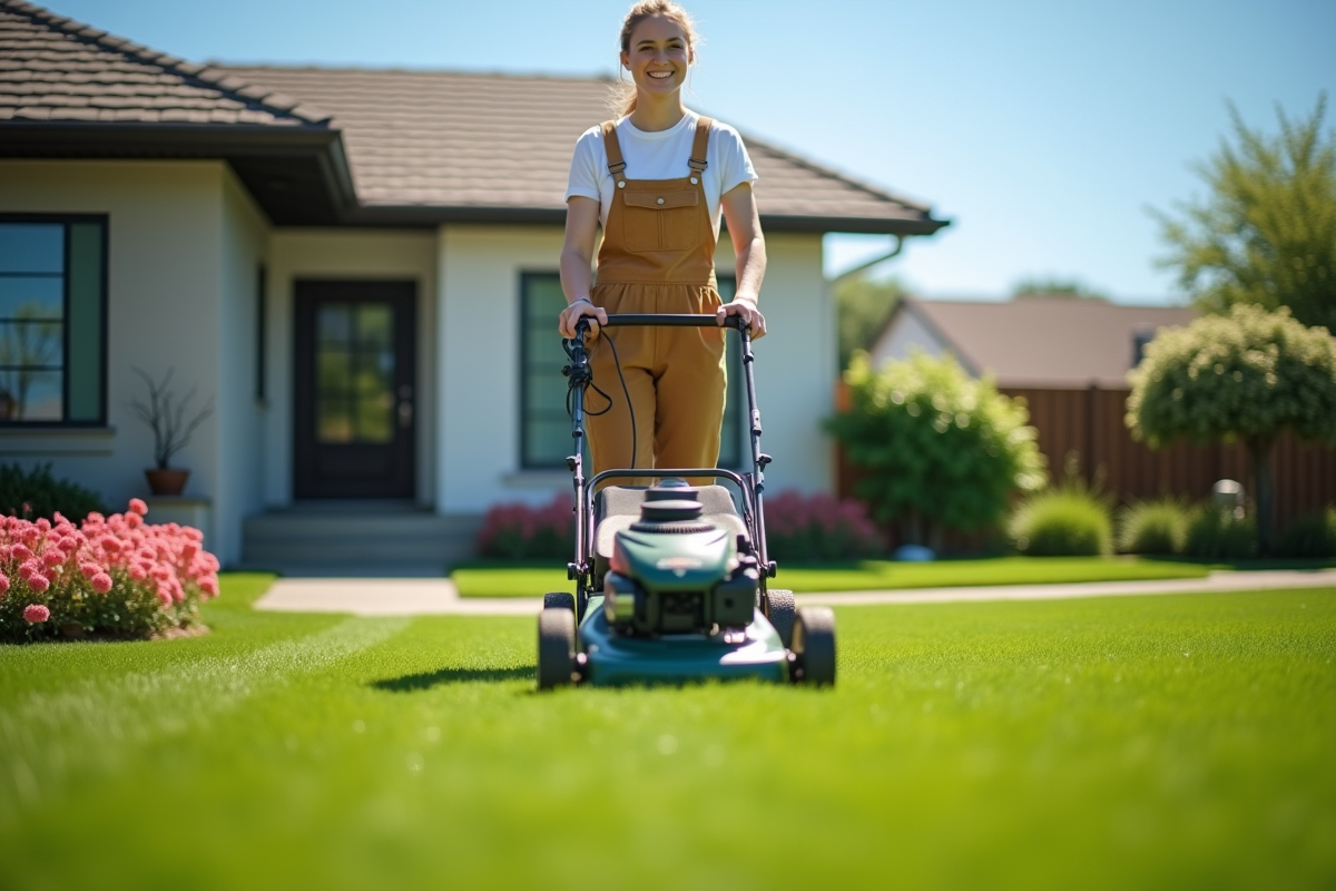 Jeune femme avec tondeuse dans un jardin soigné