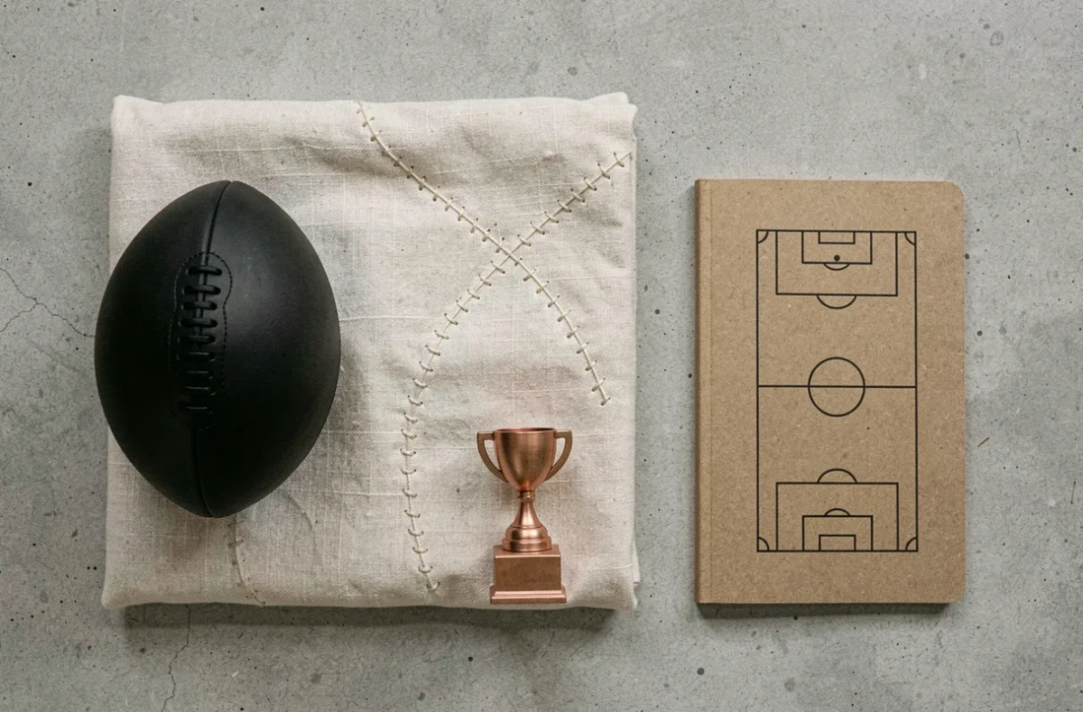 Flat lay d'accessoires de décoration football neutres et minimalistes sur surface en béton gris clair