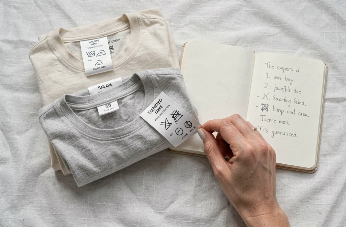 Vue en plongée de vêtements aux étiquettes visibles avec symboles de lavage et carnet de notes explicatif