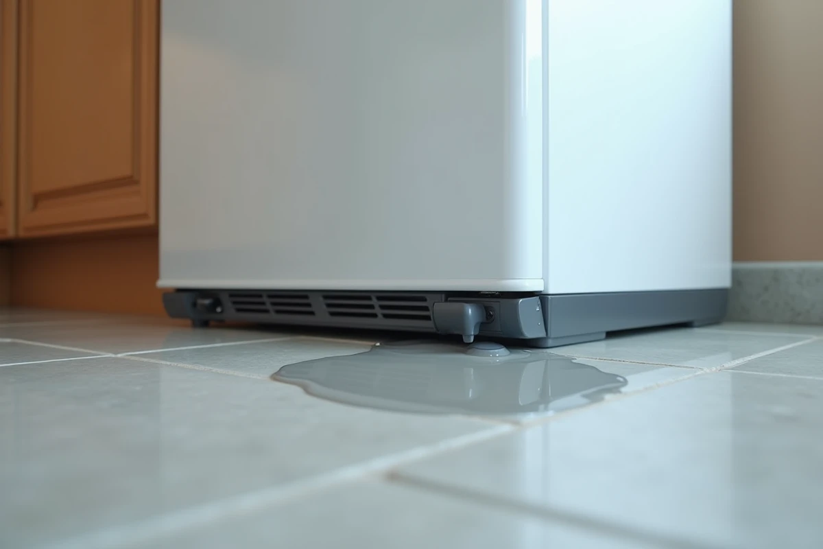 Fuite d'eau sous un réfrigérateur côté mur, flaque visible sur le carrelage de cuisine