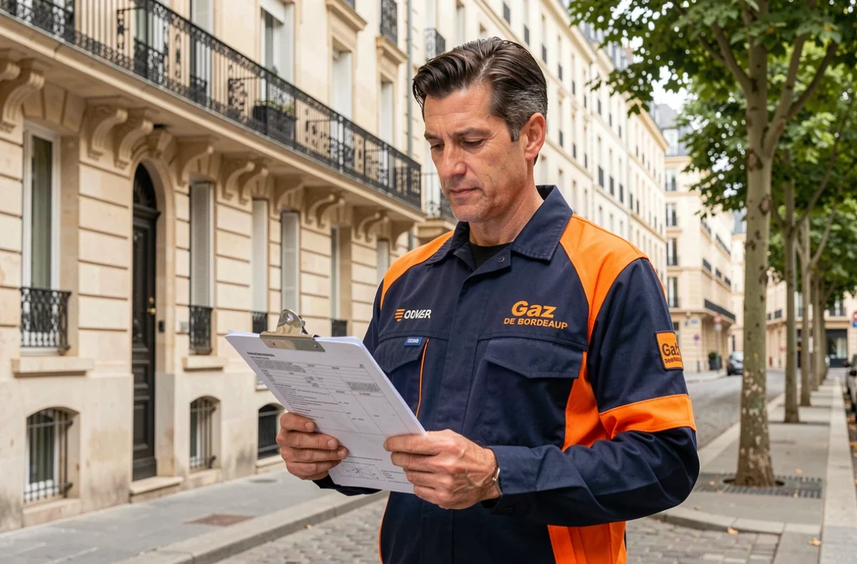 Technicien Gaz de Bordeaux en uniforme orange et bleu marine consultant un document d'inspection devant un immeuble haussmannien de Bordeaux