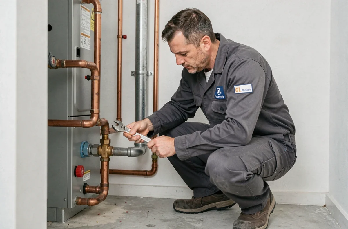 Technicien GLPlomberie en salopette grise travaillant sur des raccordements de climatisation dans une chaufferie résidentielle française