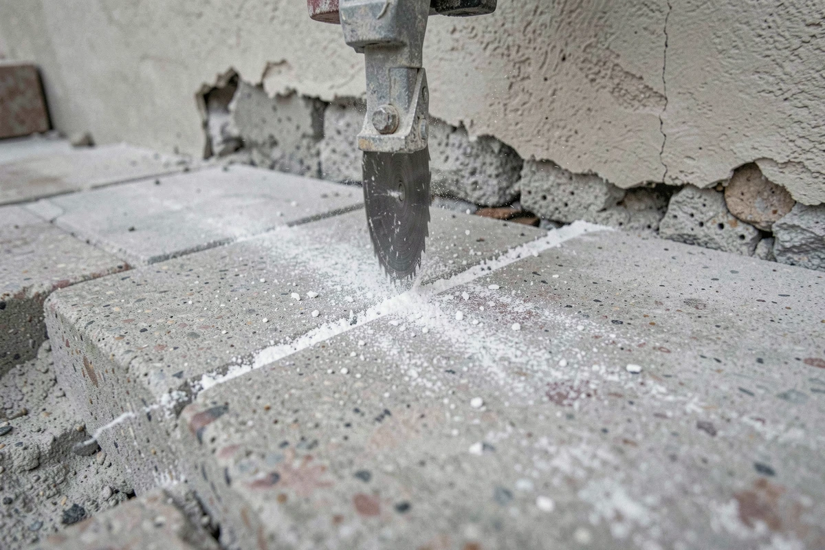 Gros plan sur la découpe d'une dalle béton au ras d'un mur extérieur avec une lame diamant et une ligne de coupe à la craie