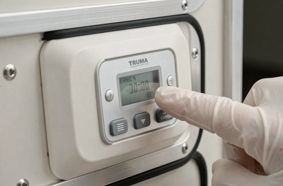 Gros plan sur l'écran LCD affichant un code erreur du chauffage Truma Combi 4 avec une main gantée pointant l'affichage