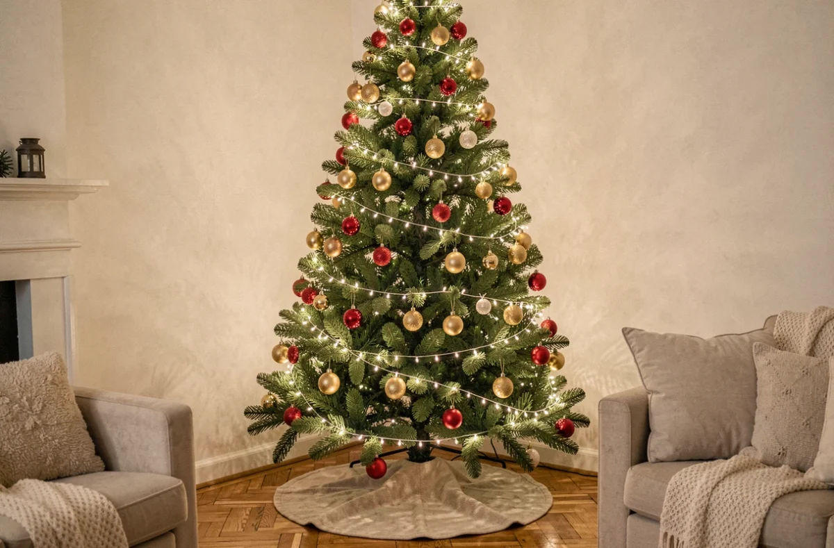 Sapin de Noël décoré avec une guirlande lumineuse blanche chaude dans un salon cosy