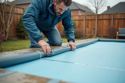 Homme en jeans couvre un bassin avec une couverture hiver