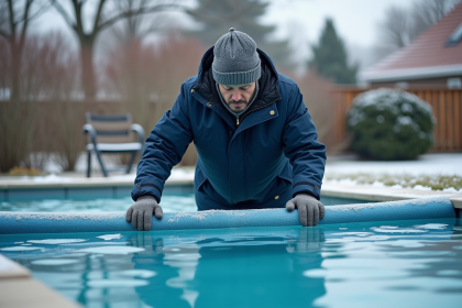 Homme en parka pose une couverture sur piscine en hiver