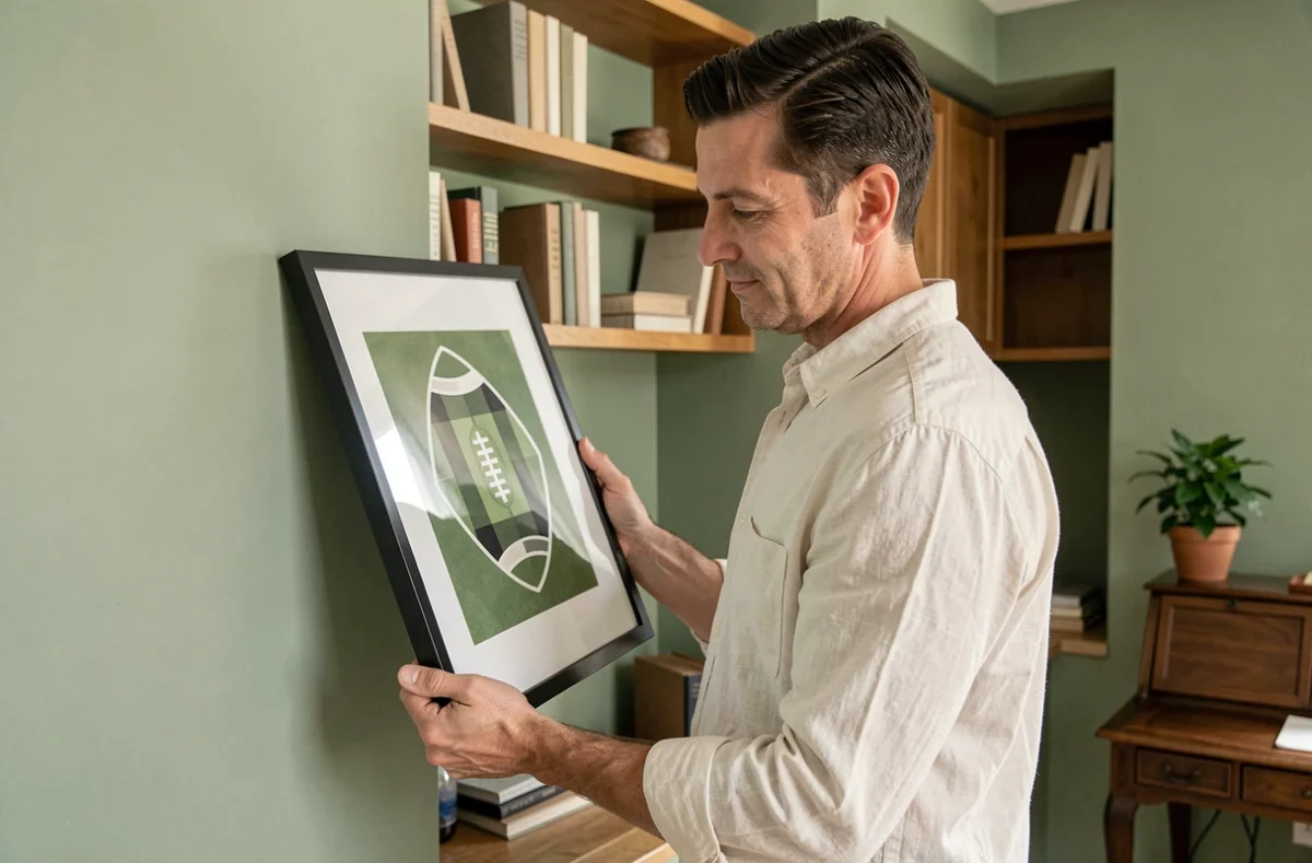 Homme tenant un tableau d'art football géométrique dans un bureau à domicile aux tons neutres et naturels