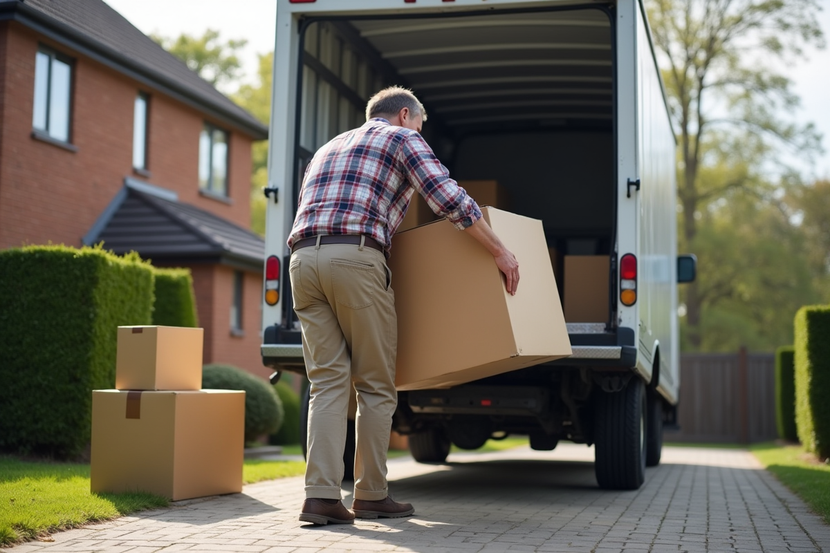 Homme déplaçant une grande boîte devant une maison en banlieue