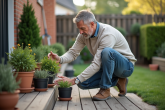 Homme d'âge moyen arrangeant des plantes sur une terrasse