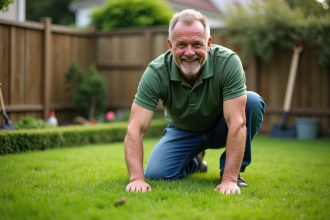 Homme d'âge moyen ratisse la pelouse dans son jardin