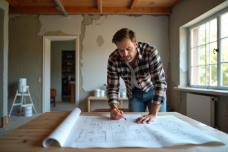 Homme en jeans et flanelle examine des plans de rénovation