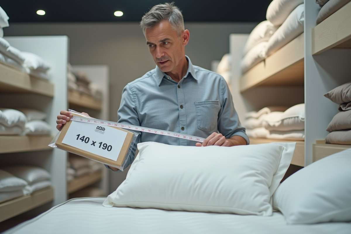 Homme mesurant un matelas dans un showroom moderne avec un tapis de mesure
