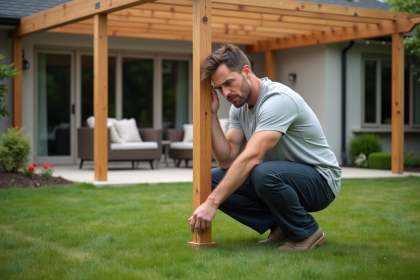 Homme ajustant une pergola en jardin suburbain