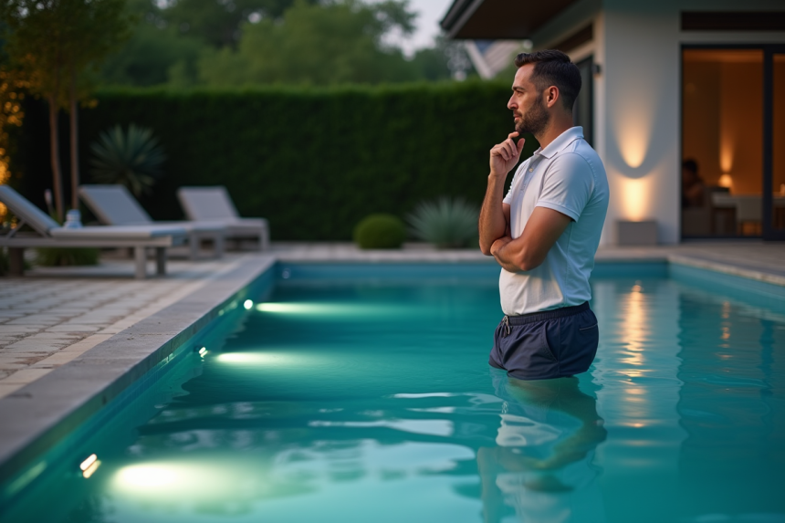 Homme d'âge moyen inspectant l'éclairage sous-marin d'une piscine moderne