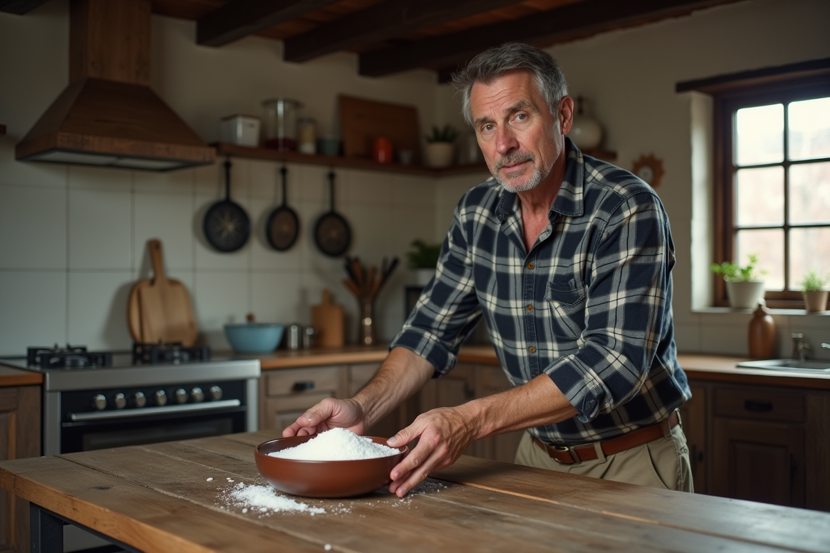 Homme dépose un bol de sel dans une cuisine rustique
