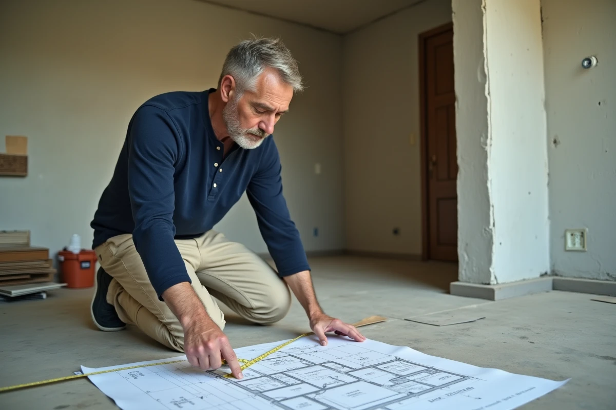 Homme comparant un plan d'aménagement imprimé avec les mesures réelles d'une pièce en rénovation