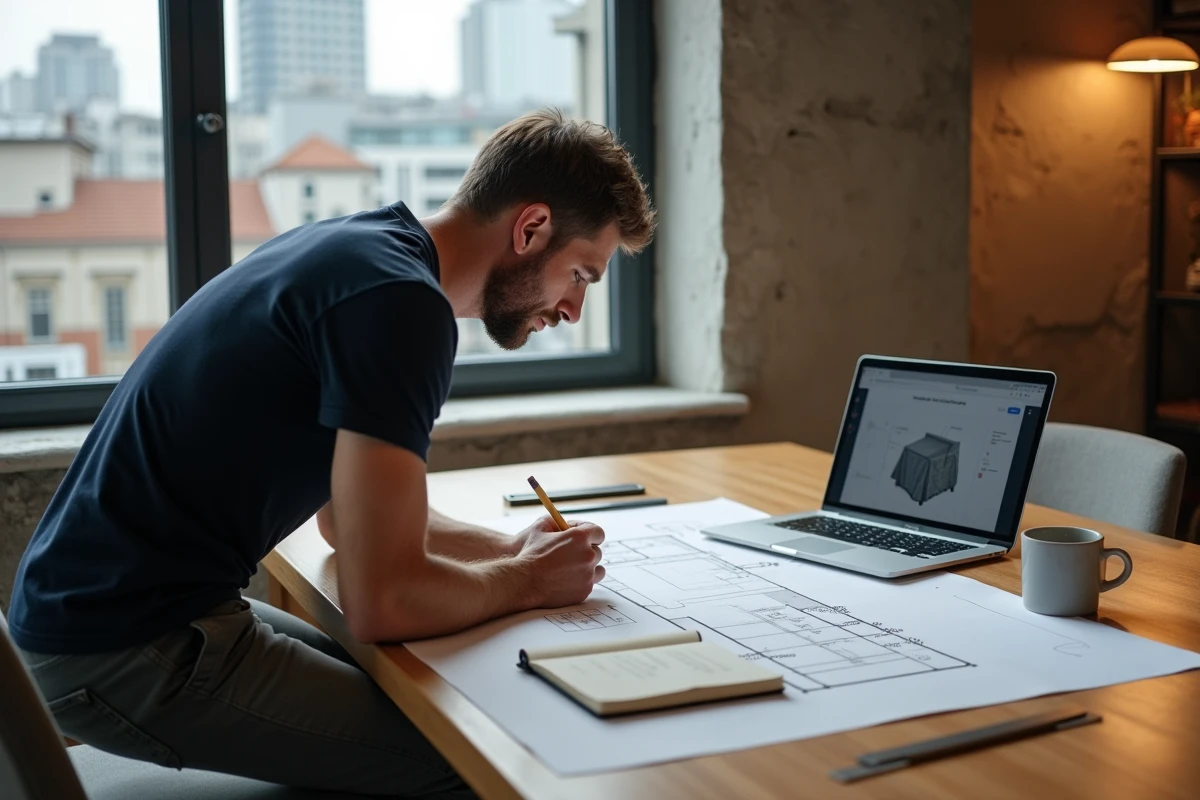 Homme annotant des dimensions de dressing sur un plan architectural posé sur une table en bois avec ordinateur ouvert