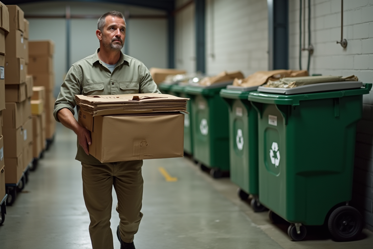 Homme portant des cartons dans un centre de recyclage