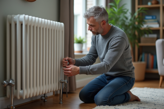 Homme d'âge moyen réglant un radiateur dans un salon cosy