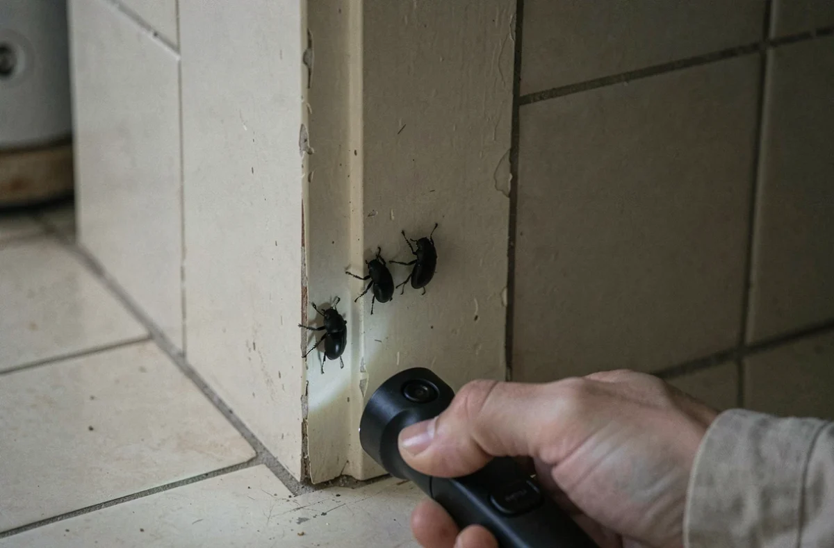 Groupe de petits insectes noirs découverts dans un coin de plinthe de cuisine par une femme utilisant la lampe de son téléphone