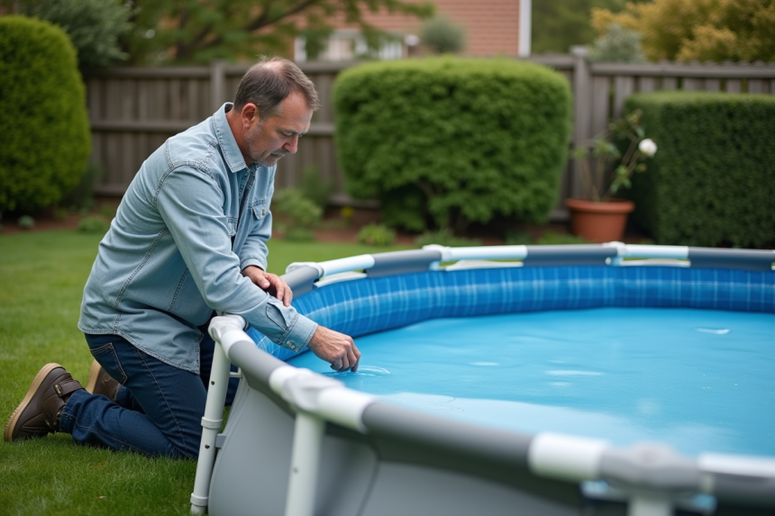 Homme d'âge moyen inspectant une piscine hors sol dans un jardin