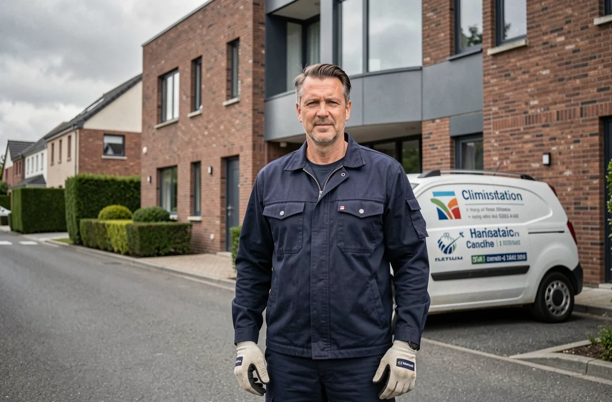 Technicien en climatisation devant un bâtiment résidentiel dans le Pas-de-Calais