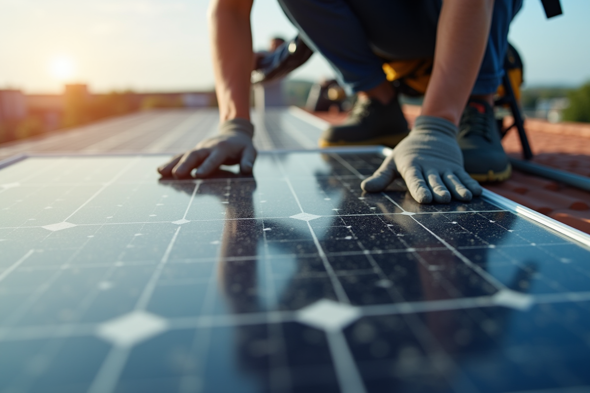 Technicien installant des tuiles solaires sur un toit