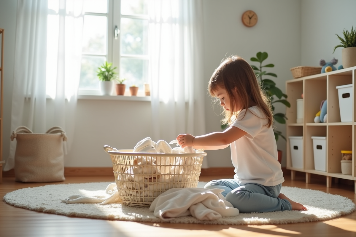 Jeune pliant des vêtements dans une chambre minimaliste
