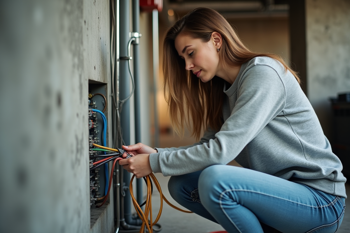 Jeune femme réassemble fils électriques dans un local technique