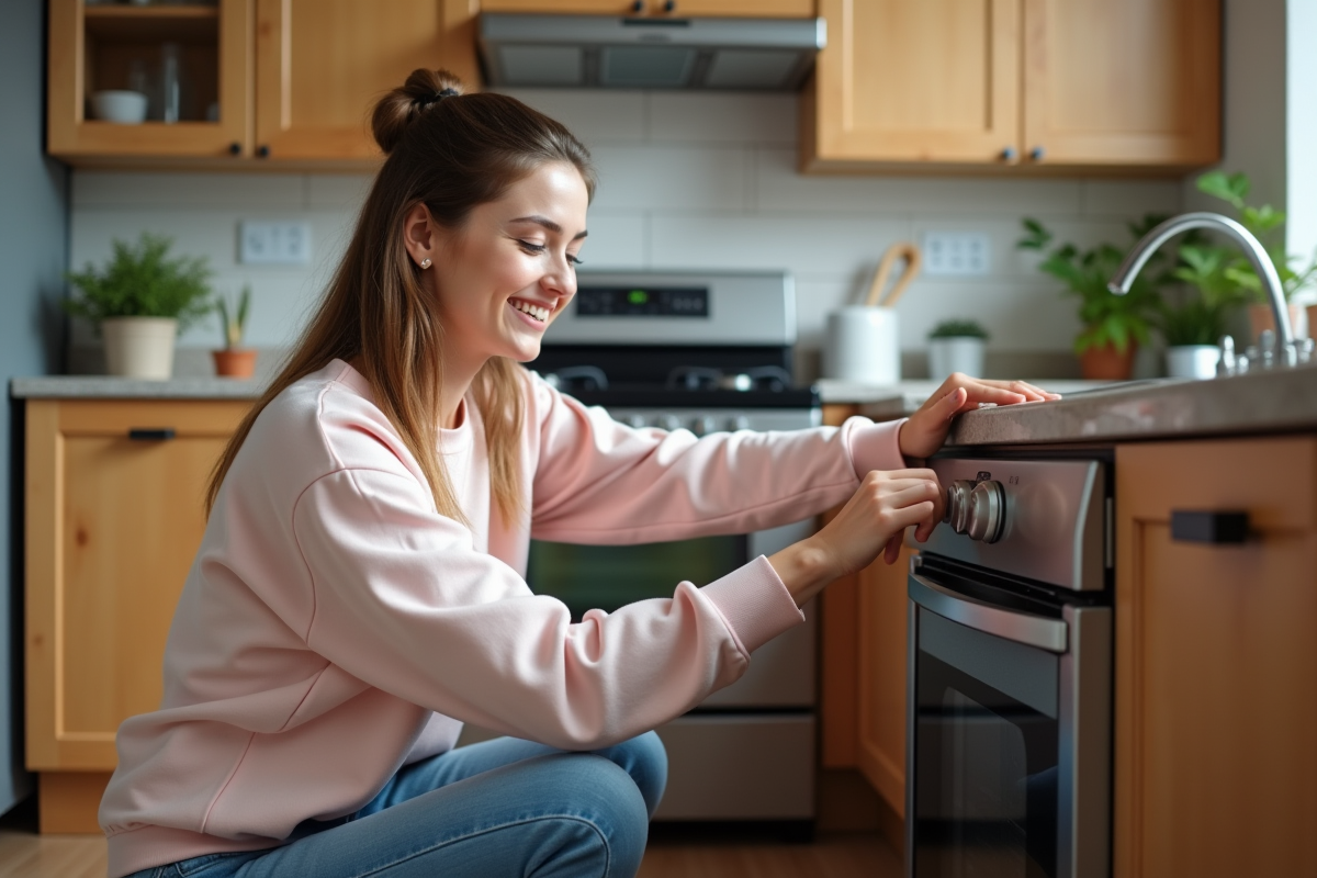 Jeune femme vérifiant un détecteur de fumée dans une cuisine chaleureuse