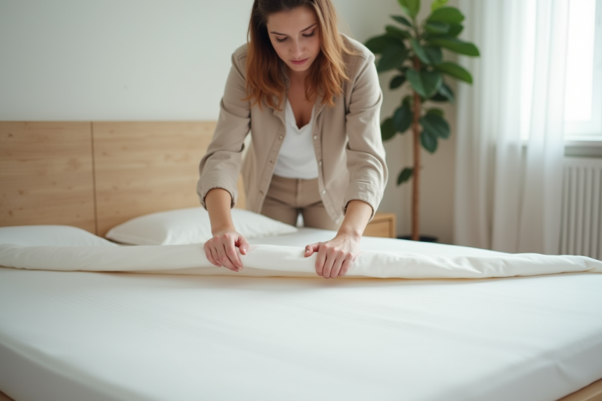 Femme posant un protège-matelas blanc sur un lit double dans une chambre minimaliste