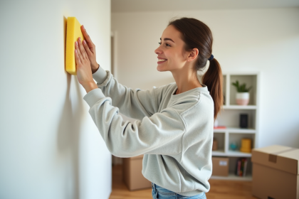 Jeune femme nettoyant un mur blanc dans un appartement