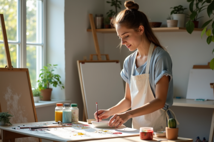 Jeune femme en atelier de peinture avec palette et toiles