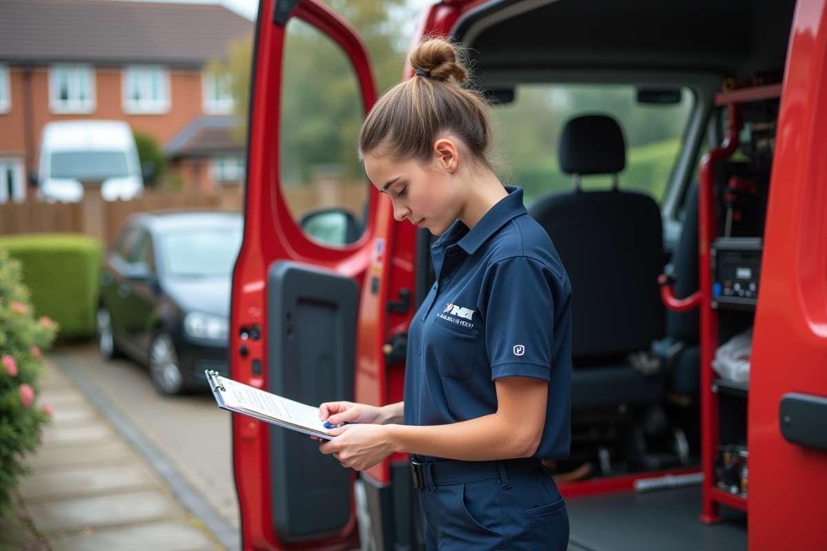 Jeune femme plombier consulte un devis devant sa camionnette