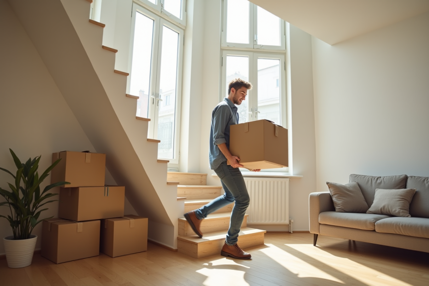 Jeune homme portant une boîte en carton dans un appartement lumineux