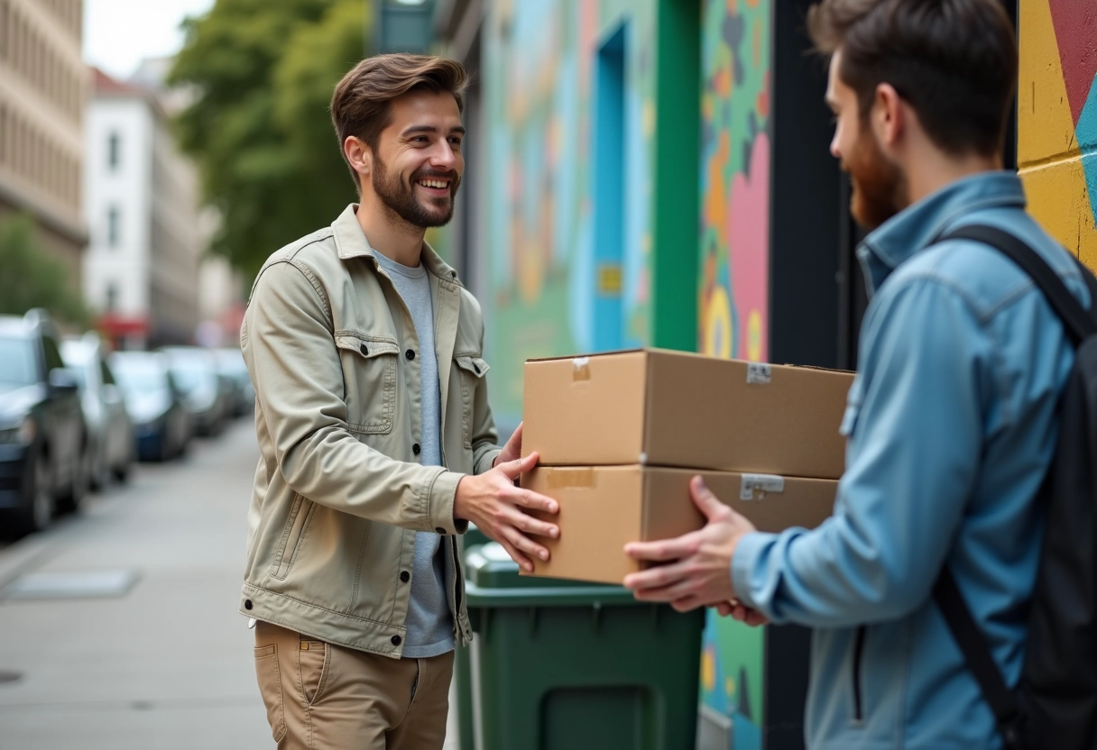 Jeune homme remet des cartons à un agent au centre de recyclage