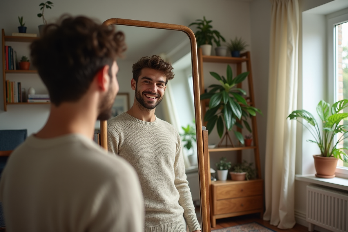 Jeune homme regardant son reflet dans un miroir dans un salon cosy