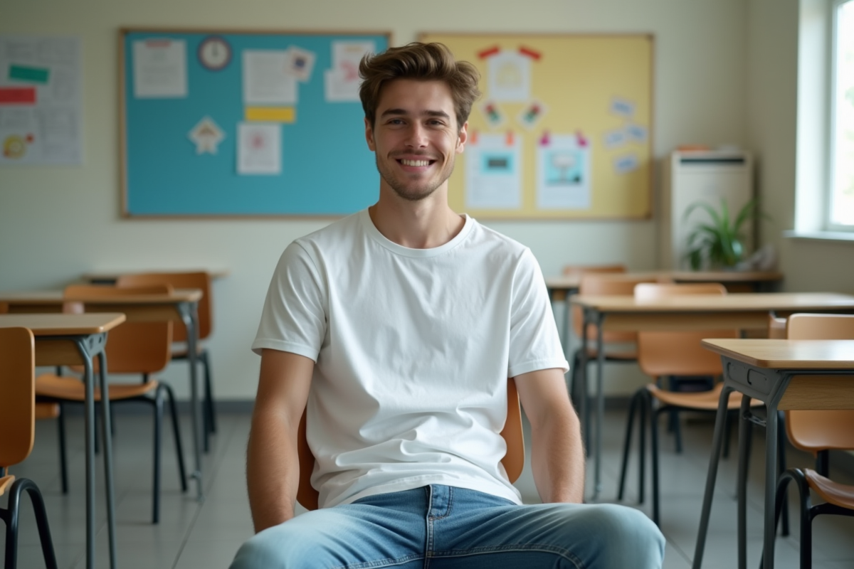 Jeune homme souriant dans une classe moderne