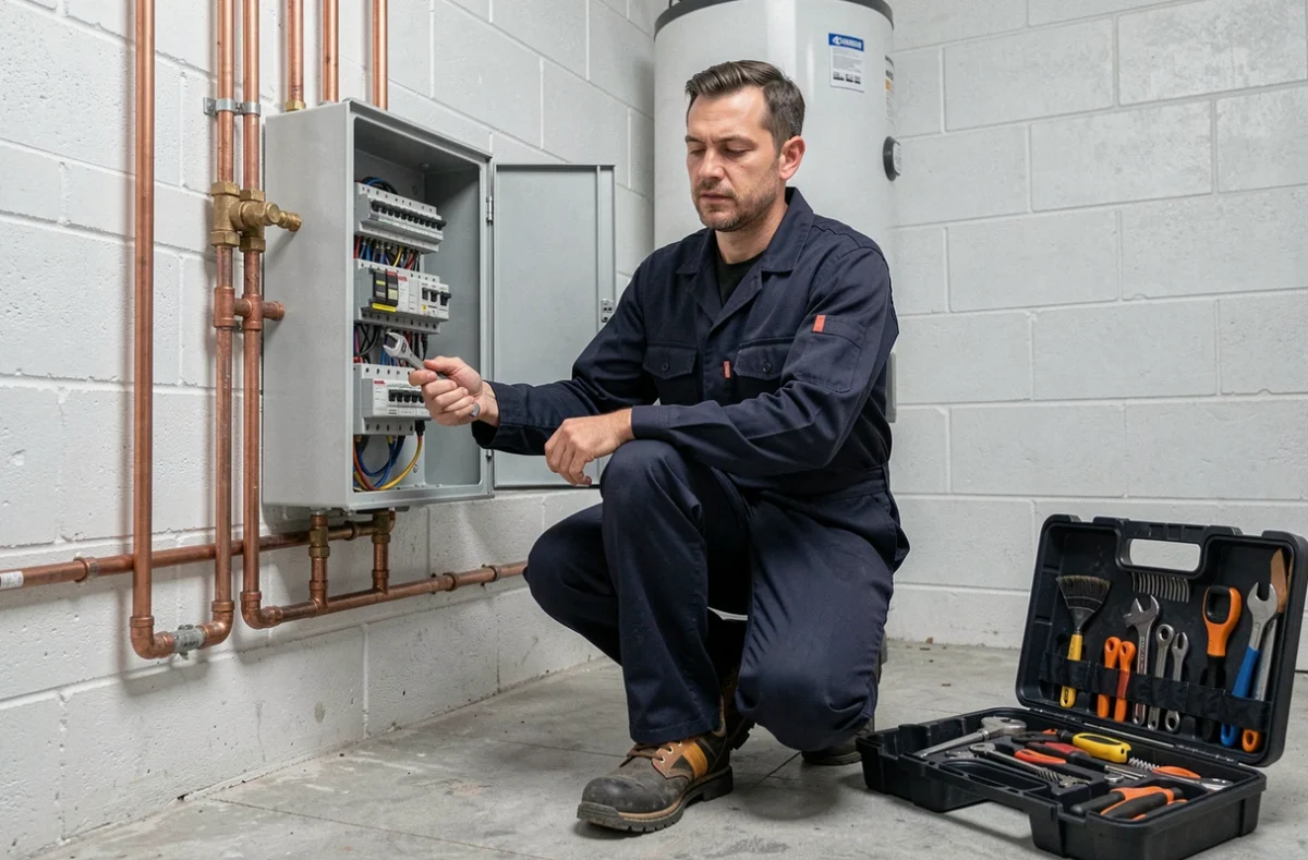 Technicien JLB Multiservices intervenant sur des installations électriques et plomberie dans une maison