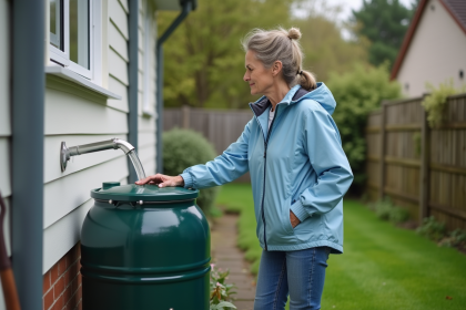 Femme inspectant un tonneau d'eau de pluie dans un jardin