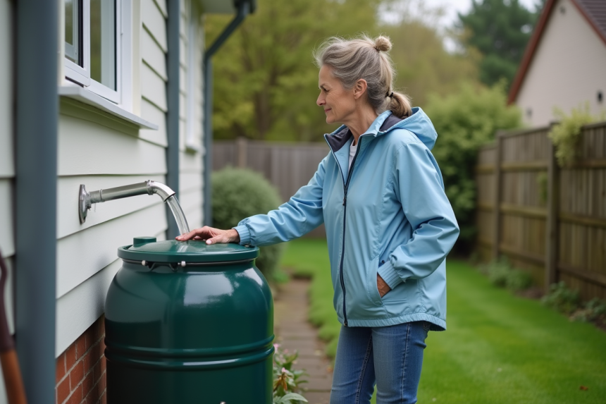 Femme inspectant un tonneau d'eau de pluie dans un jardin