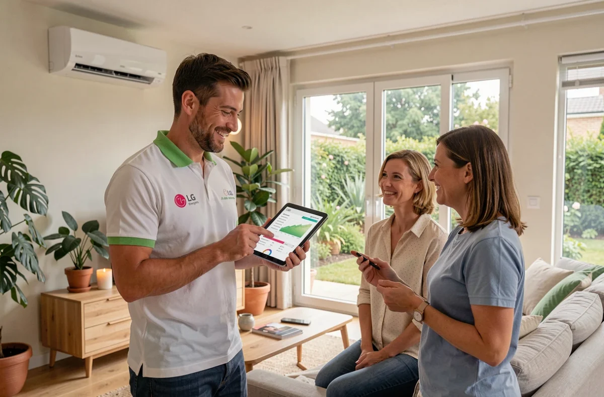 Consultant LG Energies présentant un rapport de performance énergétique à des propriétaires dans un salon moderne près de Bordeaux