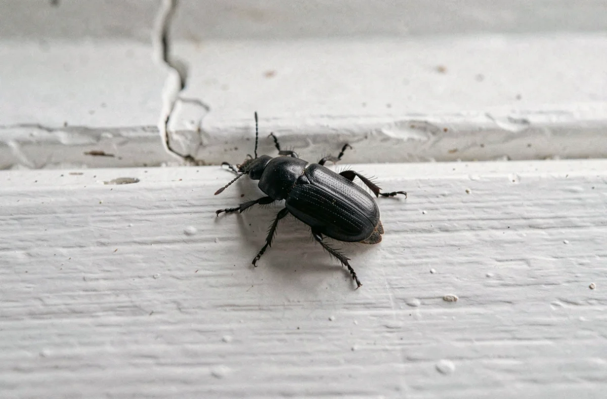 Gros plan macro d'un petit insecte noir sur une plinthe blanche révélant les détails de son exosquelette et la texture de la peinture