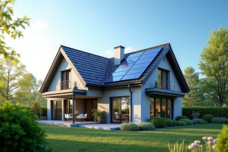 Maison moderne avec toit en tuiles solaires brillantes