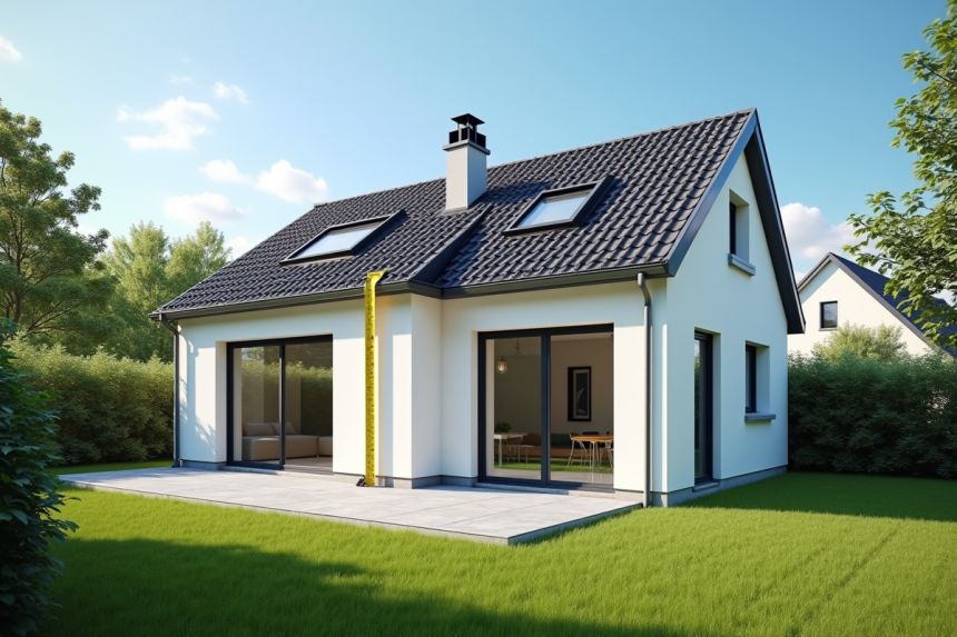 Maison moderne avec abri de jardin et règle de hauteur