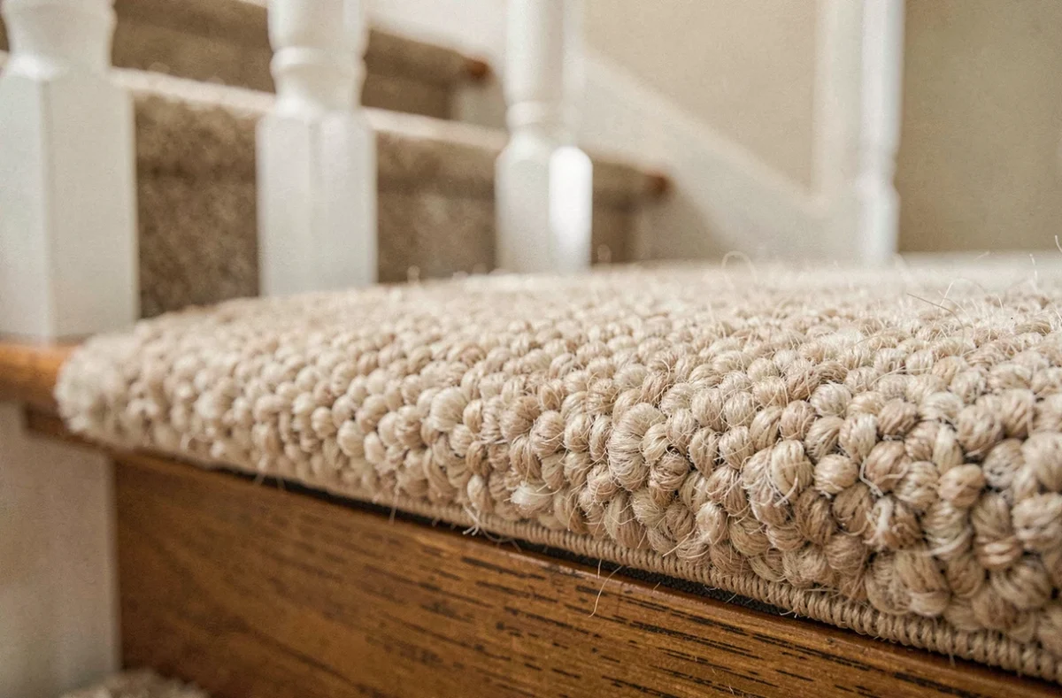 Gros plan sur une marche en moquette beige avec fixation bord à bord et nez de marche antidérapant sur un escalier en bois classique