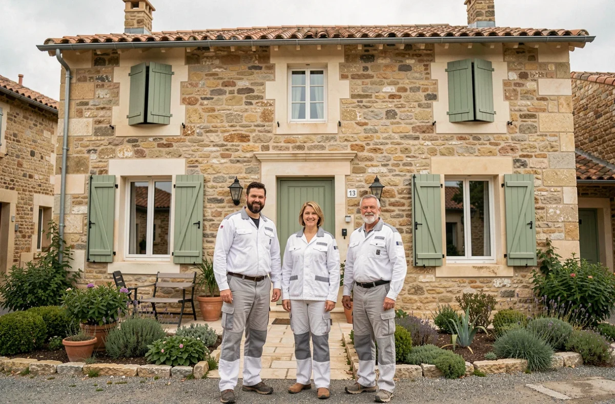 Équipe de rénovation en Nouvelle-Aquitaine devant une maison en pierre traditionnelle rénovée
